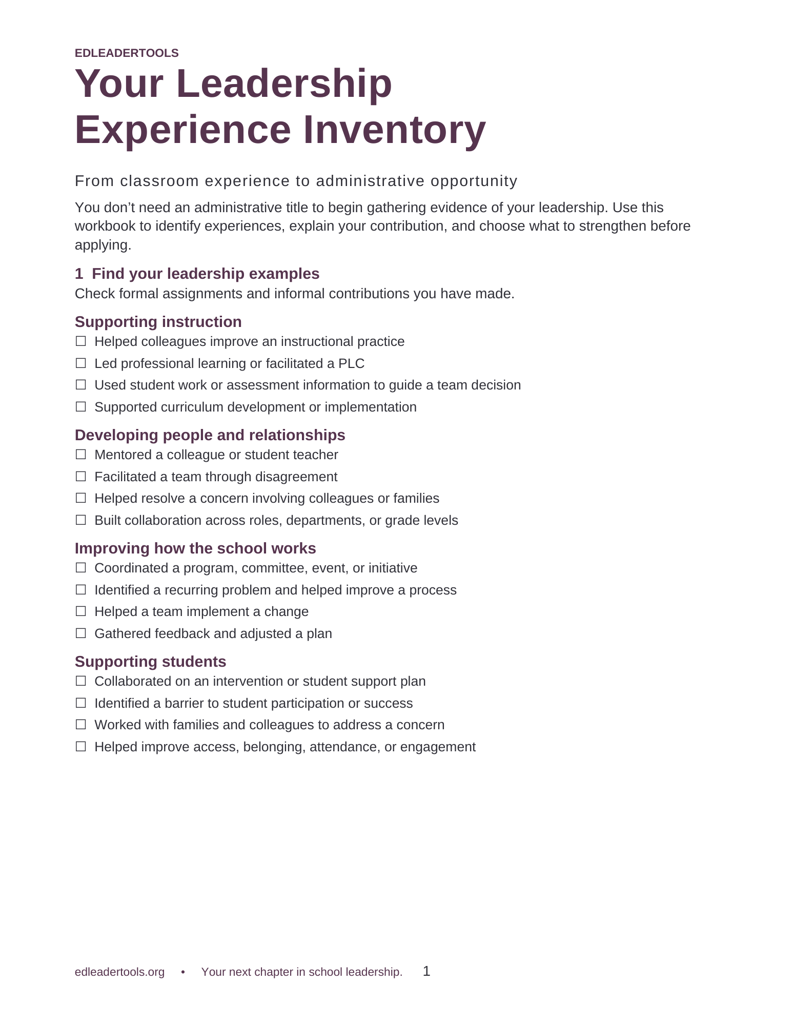 Preview of the Leadership Experience Inventory showing the experience checklist